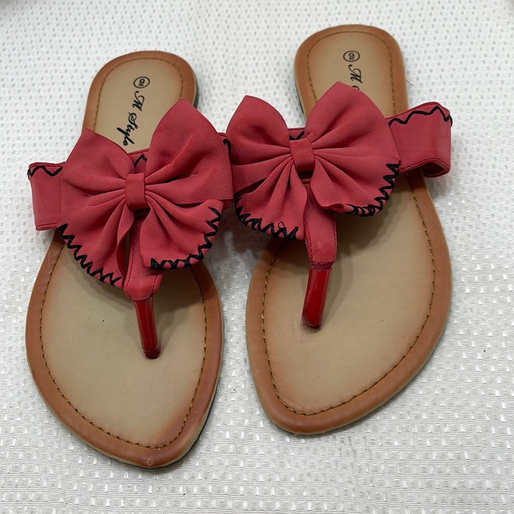 M Style Deep Salmon Fabric Bow Flat Sandals Size 9